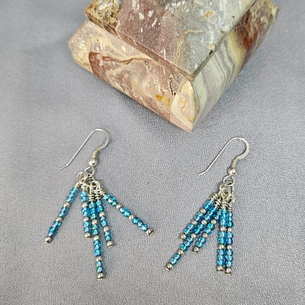 NWOT Earrings, Handcrafted of Turquoise Seed Beads w/SS Beads & Ear Wires - 2"